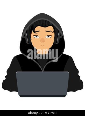 young hacker programmer it specialist coder sitting at a laptop in a sweater with a hood flat style vector illustration isolated on white background Stock Vector