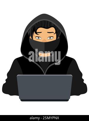 young hacker programmer it specialist coder sitting at a laptop in a sweater with a hood flat style vector illustration isolated on white background Stock Vector