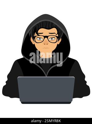 young hacker programmer it specialist coder sitting at a laptop in a sweater with a hood flat style vector illustration isolated on white background Stock Vector