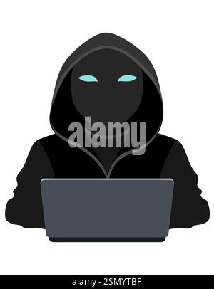 young hacker programmer it specialist coder sitting at a laptop in a sweater with a hood flat style vector illustration isolated on white background Stock Vector