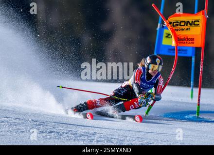 Saalbach Hinterglemm, Austria. 13th Feb, 2025. Alpine skiing: World Championships, giant slalom, women, 1st run. Valerie Grenier from Canada on the course in the first run of the giant slalom. Credit: Jens Büttner/dpa/Alamy Live News Stock Photo