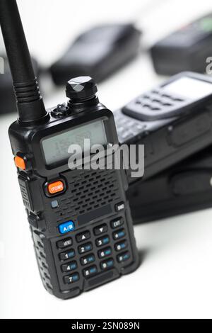 Communication devices used in emergency response training at a local community center Stock Photo