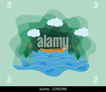 paper cut fishing art banner vector illustration flat style background for you design Stock Vector