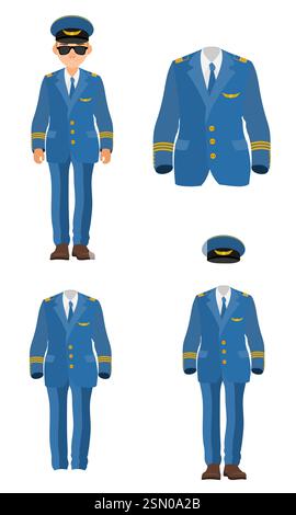 pilot uniform suit work clothes flat style vector illustration isolated on white background Stock Vector