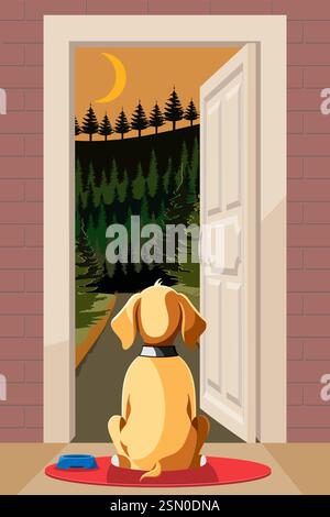 pet dog sitting with from the back and waiting for its owner flat cartoon vector illustration isolated on white background Stock Vector