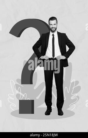 Vertical collage artwork photo of businessman developer touch waist question mark no idea solution help decision isolated on yellow background Stock Photo