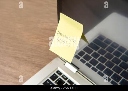 Sticky note with the word "password 123456" on a laptop keyboard. Data protection, password strength concept. Stock Photo