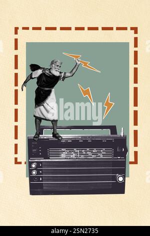 Creative artwork template sketch image 3D collage of party leisure night occasion rest aged man flashlight god stand huge radio recorder Stock Photo