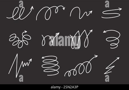 Bounce, quirky squiggly arrow lines with spiral and twist designs. Playful jump hand drawn elements. Includes ball motion paths for sports. Vector Stock Vector