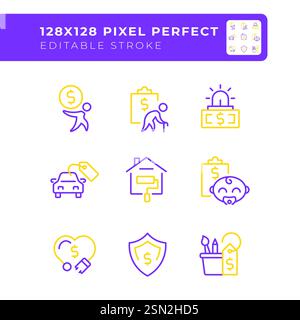 Financial expenses pixel perfect two color line icons set Stock Vector