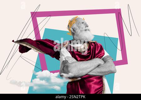 Creative poster collage image of puzzled old man king wear greek wreath ancient era senator gray-haired beard royal masquerade Stock Photo