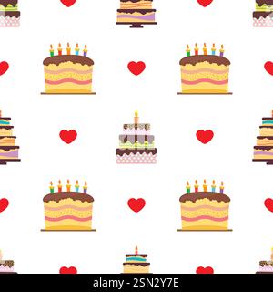Seamless Pattern with colorful hearts, sweet cakes and pies. Vector illustration. Stock Vector