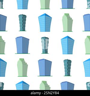 Seamless Pattern with modern isometric building on a white background. View of the building from the bottom. Vector illustration. Stock Vector