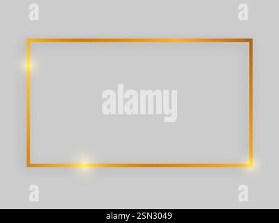 Shiny frame with glowing effects. Gold rectangular frame with shadow on grey background. Vector illustration Stock Vector