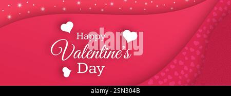 Happy Valentines Day Background. Red greeting horizontal banner with text and hearts. Vector illustration. Stock Vector