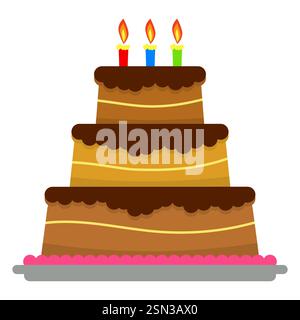 Sweet birthday cake with three burning candles. Colorful holiday dessert. Vector celebration background. Stock Vector
