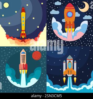Set of four space rocket ship in round piece. Space rocket launch. Project startup and development process concept. The rocket flies upwards. Stock Vector