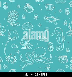 Vector seamless pattern Illustration Seaweed Coral Fish Stingray Seahorse Jellyfish Seashell Crab Octopus Underwater world of ocean sea bottom Seabed Stock Vector