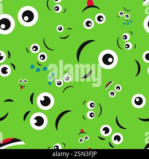 Cartoon faces with emotions. Seamless pattern with different emoticons on green background. Vector illustration Stock Vector