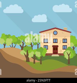 A lonely two-storey house surrounded by green trees. Vector illustration. Stock Vector