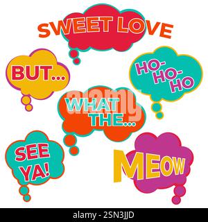 Set of six cartoon comic balloon speech bubbles in flat style. Elements of design comic books with different phrases. Vector illustration Stock Vector