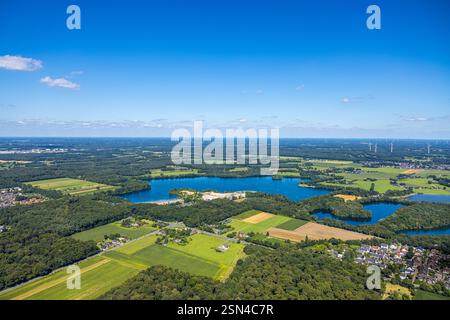 Aerial view, lido Tenderingssee, distant view and overview of lake and beach, outdoor pool at the Tender, shapes and colors, Möllen, Voerde, Ruhr area Stock Photo