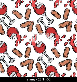 Wineglass and cork seamless pattern vector illustration. Stock Vector