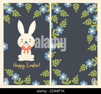 Happy Easter Cards. Cute Bunny with Floral Frame. Festive vertical Greeting Template. Vector Flat illustration Stock Vector