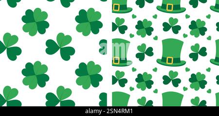 Shamrock, Quatrefoil, Leprechaun hats and Decorative hearts Seamless Pattern St Patrick Day backdrop. Isolated Vector illustration Thematic or greeting cards, label or web promo banner, leaflet, price Stock Vector