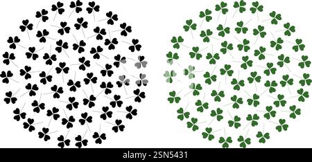 Clover leaves Shamrocks Circular Background dark and monochrome green St Patrick Day Background idea. Isolated Vector illustration Greeting cards, poster, price tag, label or web promo leaflet, banner Stock Vector
