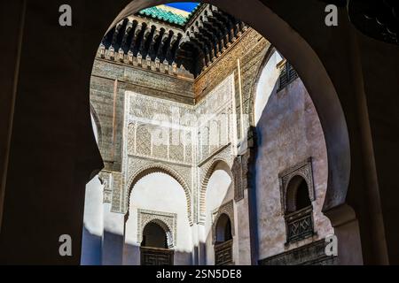 Shadows on the walls of the Cherratine Madrasa, Fes, Morocco Stock Photo
