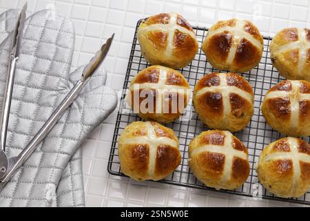 Homemade hot cross buns, a bread commonly eaten in Britain during Easter. Stock Photo
