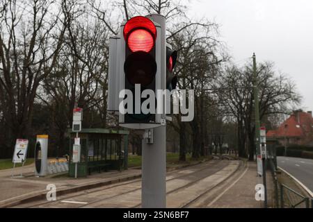 (250213) -- BRUSSELS, Feb. 13, 2025 (Xinhua) -- An empty tram station is seen in Brussels, Belgium, Feb. 13, 2025. Tens of thousands of people marched through central Brussels, Belgium, on Thursday to protest against planned government reforms, as unions warned of further strike action unless policymakers reconsider their proposals.   The demonstration brought parts of the capital to a standstill, halting traffic on key routes and disrupting public transport. Brussels Airport canceled 430 flights as ground operations were suspended, while metro, bus, and tram services were severely affected. Stock Photo
