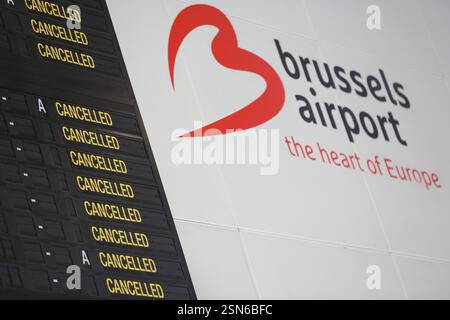 (250213) -- BRUSSELS, Feb. 13, 2025 (Xinhua) -- A flight information board and the logo of Brussels Airport are seen at the departure hall of Brussels Airport in Zaventem, Belgium, Feb. 13, 2025. Tens of thousands of people marched through central Brussels, Belgium, on Thursday to protest against planned government reforms, as unions warned of further strike action unless policymakers reconsider their proposals.   The demonstration brought parts of the capital to a standstill, halting traffic on key routes and disrupting public transport. Brussels Airport canceled 430 flights as ground operati Stock Photo