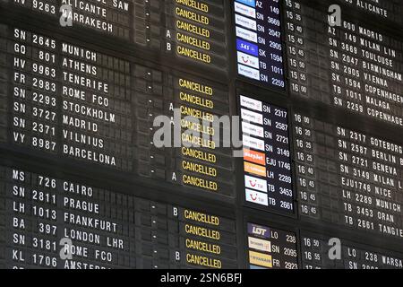 (250213) -- BRUSSELS, Feb. 13, 2025 (Xinhua) -- A flight information board is seen at the departure hall of Brussels Airport in Zaventem, Belgium, Feb. 13, 2025. Tens of thousands of people marched through central Brussels, Belgium, on Thursday to protest against planned government reforms, as unions warned of further strike action unless policymakers reconsider their proposals.   The demonstration brought parts of the capital to a standstill, halting traffic on key routes and disrupting public transport. Brussels Airport canceled 430 flights as ground operations were suspended, while metro, b Stock Photo