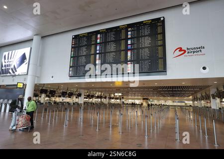 (250213) -- BRUSSELS, Feb. 13, 2025 (Xinhua) -- The empty departure hall of Brussels Airport is seen in Zaventem, Belgium, Feb. 13, 2025. Tens of thousands of people marched through central Brussels, Belgium, on Thursday to protest against planned government reforms, as unions warned of further strike action unless policymakers reconsider their proposals. The demonstration brought parts of the capital to a standstill, halting traffic on key routes and disrupting public transport. Brussels Airport canceled 430 flights as ground operations were suspended, while metro, bus, and tram services we Stock Photo