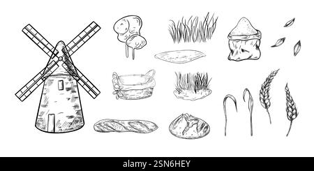 Windmill, wheat ears, empty straw basket and artisan bread hand drawn black white vector. Set of monochrome outline items for themes of agriculture Stock Vector