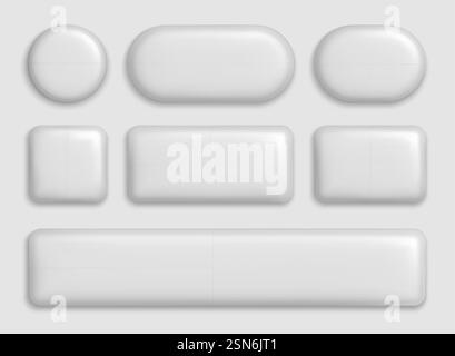 3d white buttons. Plastic rectangle and circle interface elements with realistic shadow. Blank glossy round, square and rectangular, rounded badges. Web shiny UI button vector set. Stock Vector