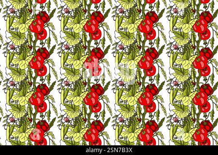 Botanical abstract seamless pattern with cartoon growing tomatoes and peas vector illustration. Repeating vegetables pattern in white color background Stock Vector