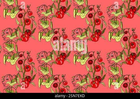 Botanical abstract seamless pattern with cartoon growing tomatoes and peas vector illustration.Repeating vegetables pattern in pink color background. Stock Vector