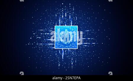 Light blue glowing ON power button on bright semiconductor. Data flow Stock Vector