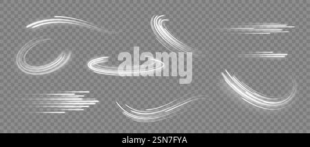 Glowing lines. Speed effect curved and straight lines and tornado wind swirl, white light trails. Abstract magic sparkles, dynamic motion traces with glow. Vector isolated set. Stock Vector