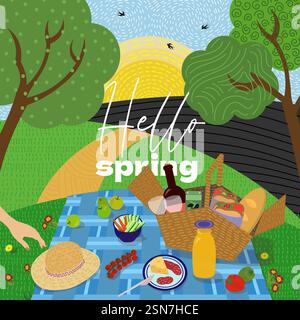 Spring picnic in park on modern drawing square vector banner. Blanket on grass with food and drink. Sunny weather background. Relaxing outdoor scene. Ideal for holiday or vacation promotion. Stock Vector