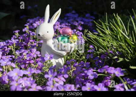 souvenir porcelain easter bunny with chocolate eggs among many purple small flowers on a flower bed. beautiful festive easter atmosphere. Egg hunter Stock Photo