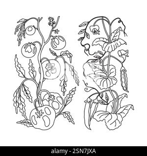 Line art growing tomatoes and peas isolated background. Hand drawn outline botanical plants with stems, leaves and vegetables vector illustration. Gra Stock Vector