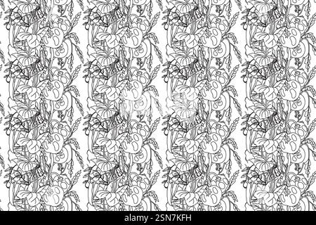 Line art abstract seamless pattern with growing tomatoes and peas vector illustration. Hand drawn outline repeating vegetables pattern in white backgr Stock Vector