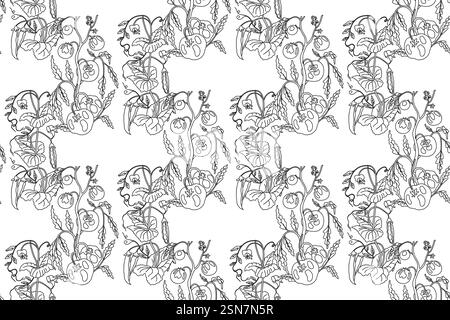 Line art abstract seamless pattern with growing tomatoes and peas vector illustration. Hand drawn outline repeating vegetables pattern in white backgr Stock Vector