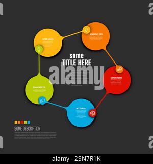 A vibrant circular infographic featuring five sections in different colors, linked together. This infographic uses icons to represent diverse informat Stock Vector