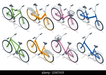 An isometric illustration of a set of urban bicycles in various colors and designs, including step-through, commuter, and city bikes. Perfect for Stock Vector