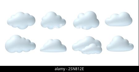 3d clouds. Realistic white cloud in soft inflation plastic shape with blue reflection. Plasticine 3d weather cloudy icons in cartoon render style. Vector rounded cumulus icons. Stock Vector